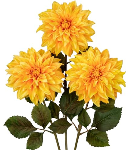 Hollyone 3 Stück Künstliche Dahlie Blumen Gelb, 70cm Kunstblume Seidenblumen mit Langem Stiel für Blumenarrangements, Faux Herbst Blumen für DIY Hochzeit Party Deko Home Office Dekoration