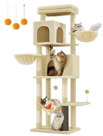 Feandrea Árbol Grande para Gatos, Torre para Arañar de 175 cm de Altura, Multinivel con 2 Cuevas, 2 Cestas, 5 Rascadores, Alfombra, Plataforma, Hamaca, Beige Arena PCT182Y01