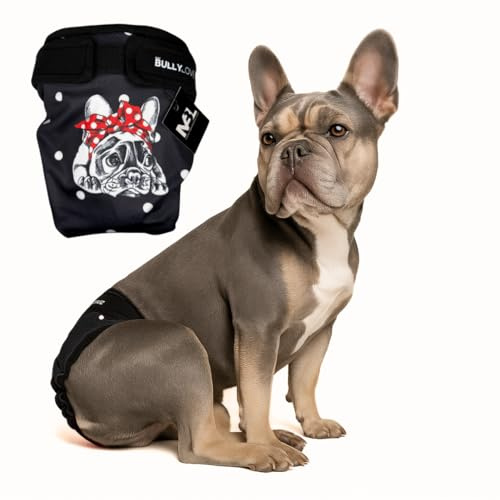 MyBullyLove Läufigkeitshöschen für Französische Bulldoggen – Wiederverwendbare Hundewindel ohne Rutenloch, Handgefertigt & Stufenlos Verstellbar, Black Bully, Standard (42-47cm Hüftumfang)