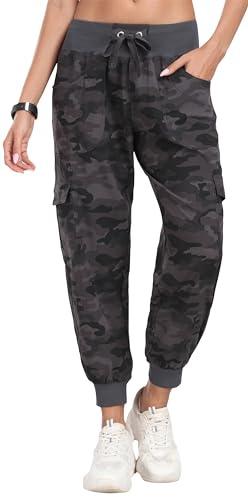 JINSHI Pantalones Mujer Cargo Pantalón Largo Trabajo Pant Deportivo Jogger Cintura Alta con Bolsillos Camuflaje Gris L