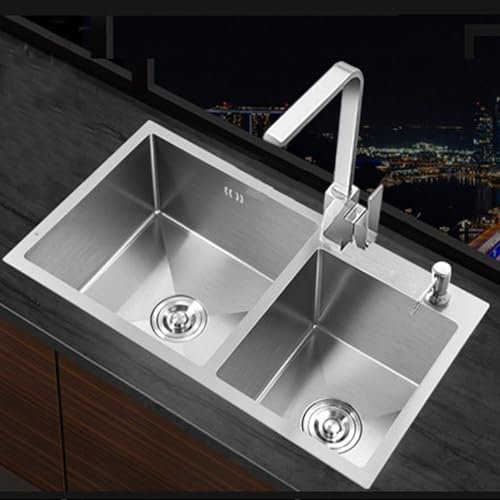 Küche Spüle 2 Becken, Edelstahl Doppelwaschbecken Rechteckig Küchenspüle, Waschbecken Mit 360° Wasserhahn Und Seifenspender, Geeignet Für Restaurants Und Küchen (720x400mm)