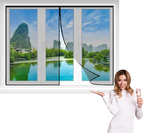 Insect Screen 270x290cm Black Self Adhesive Mesh Curtain Bug Insect Protector with Magnet Strips & Sticky Tape Summer Mosquito Barrier with Innovative Magnetic Fastening no Drilling or Screwing
