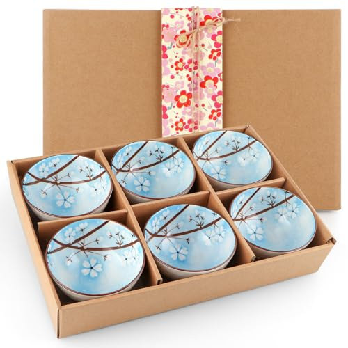Sanbege Ceramic Rice Bowls 10 oz, Sakura Bowl Gift Set, Dinnerware Serving Bowls for Rice, Cereal, Noodle, Soup, Desserts, Pack of 6 (Blue)