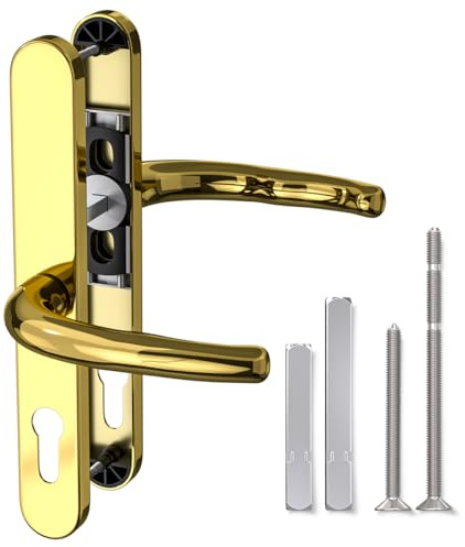 Bwintech 1 Stück PVD-Gold-Edelstahl-UPVC-Türgriff, Hebel/Hebel geteilt, versetzt, 60 und 92 mm Backset, 211 mm Schraubenlochabstand, 243 mm Plattenlänge, Türgriffe für UPVC-Türen