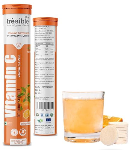 Trèsible Vitamin C and Zinc Effervescent Tablets (20 Count) - Vitamin C 1000mg Effervescent Tablets for Adults - Vit C Supplement to Improve Skin Health, Immunity and Energy Level (Vegan & Vegetarian)