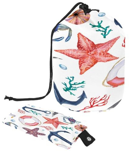 Drawstring Toiletry Bag, Watercolor Anchor Seagull Lifebuoy Barrel Shaped Wash Bag Cosmetic Bags, Travel Makeup Organiser Pouch + Small Bag