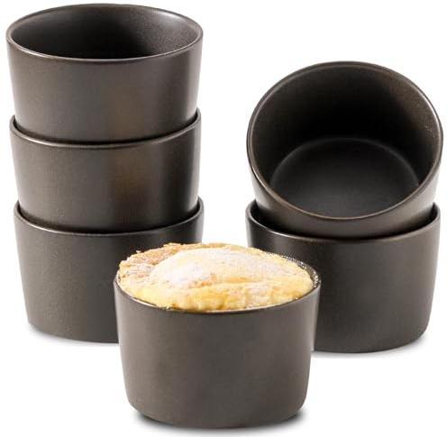 Tikooere Ramekins 8 oz, Oven Safe Soufflé Dishes for Creme Brulee, Souffle, Pudding, Lava Cake, Stoneware Custard Ramikens for Baking, Ceramic Sauce Bowls Set of 6, Kitchen Decor Gift, Matte Black