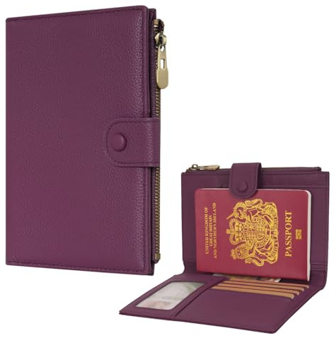 WASON Copertura del passaporto blocco RFID in pelle, Portafoglio da viaggio, passaporto tasca con cerniera per carta d'identità carta d'imbarco biglietto contanti scheda SD (Viola)
