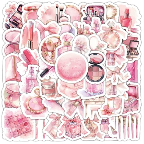 60 Pcs Pink Cosmetics Stickers, Girls Aesthetic Stickers, Trendy Make-up Graffiti Stickers for Girls, Waterproof Make up Stickers, for Suitcases, Skateboards, Laptops, Water Bottles