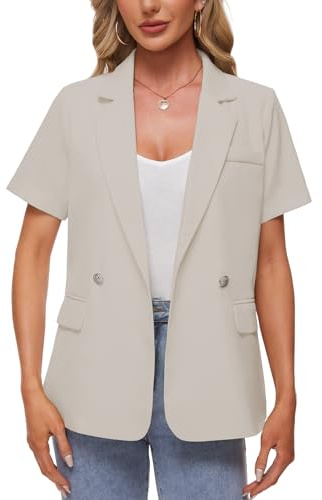 MINTLIMIT Womens Short Sleeve Blazer with Pockets Elegant 2 Button Jackets Lapel Suit (Apricot L)