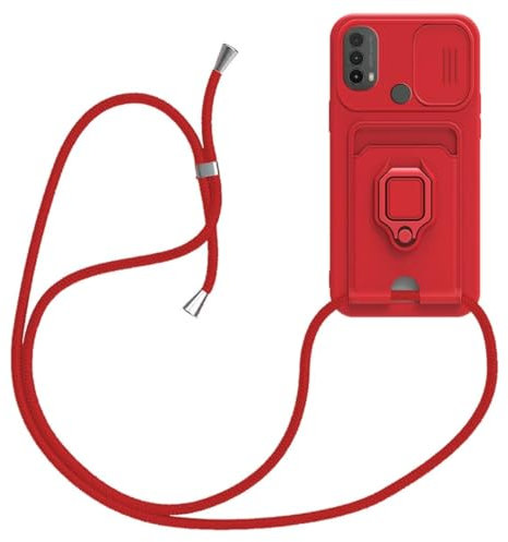 xinyunew Funda con Cuerda para Motorola Moto E20/E30/E40, Silicona Líquida Carcasa con Cordón [Ajustable Correa de Cuello Cadena] [360 Anillo función de Soporte Cubierta], Rojo