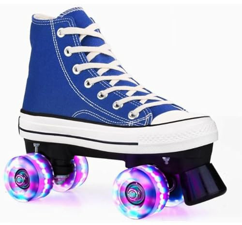 YYingYYue Rollschuhe Für Mädchen Rollerskates Damen Disco Roller Canvas Skates Erwachsene Leder Atmungsaktiv Glänzende Räder Retro Design,Blau,37