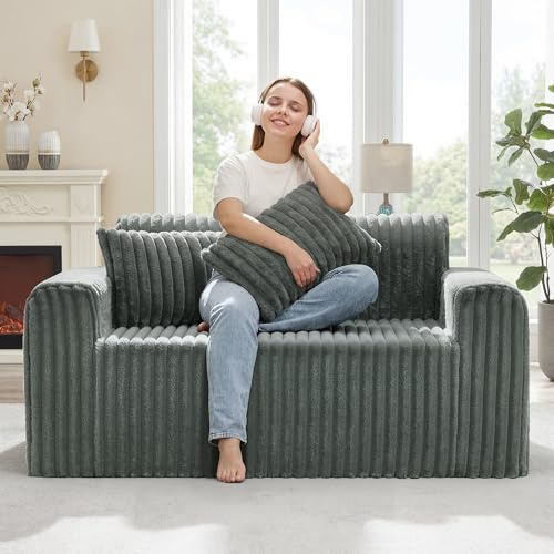 Hobestluk Zweisitzer-Schaumsofa mit Kissen, flauschig für kleine Räume | Grau, Loveseat, Kunstfell, weiche Stütze, 2 Lendenkissen, montagefrei, kompakte Größe, für Wohn-/Schlaf-/Büro-/Wohnheim