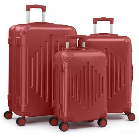 Bonnlo Kofferset 3 Teilig, Hartschale Koffer Set, Reisekoffer mit 4 Rollen, Koffer & Trolleys M-L-XL aus ABS, Koffer groß, Weinrot