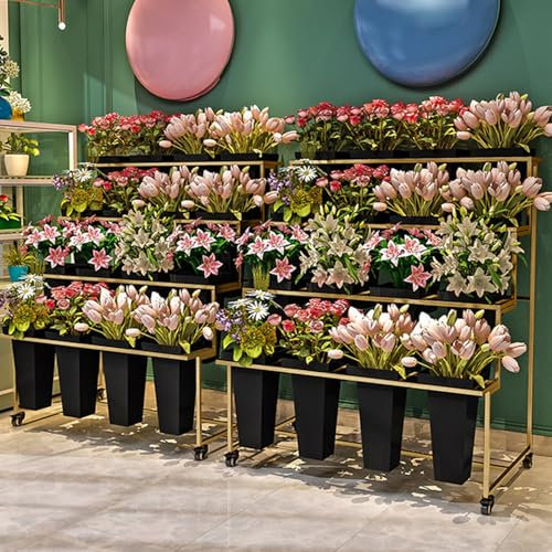 HJDSUDU Présentoir à Fleurs à 4 roulettes, étagère à Bouquets en métal, Support de Fleurs Mobile, Chariot à Plantes Roulant, avec 16 seaux, pour terrasse, Jardin, Mariage, Fleuriste