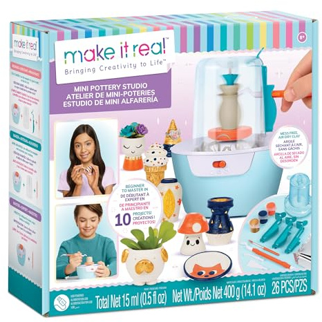 Make It Real Keramikstudio | Keramikkit | Keramikverksverkstad för barn, keramik, keramikset | Mini Pottery Studio | Lufttorkande lera med verktyg och färger