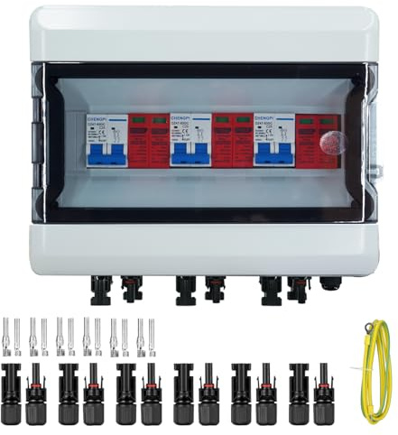 CHENGPI Überspannungsschutz PV DC Trennschalter Blitzschutz Leitungsschutzschalter DC 3 String 500V 25A Solar Spannungsschutz IP65 Wasserdicht Solar Anschlusskasten für Photovoltaik (3 in 3 out）
