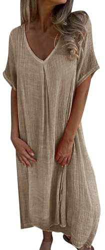 TUDUZ Dam sommarklänning överdimensionerad lös vardaglig tunika klänningar vintage kortärmad v-ringad bomull linne midi-klänning daglig semester fest strand solklänning, BEIgE, 3XL