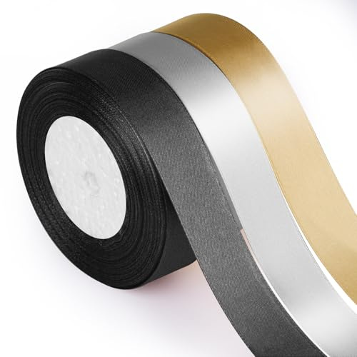 ASTARON Satinband zum Basteln, 2.5 cm, schwarz-goldenes Stoffband für Geschenke, Blumensträuße, Verpacken, DIY-Haarschleifen, Geburtstags-, Abschluss-, Silvesterparty-Dekorationen