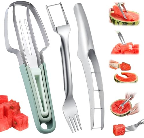 Vattenmelonskärare, rostfritt stål vattenmelon gaffelskärare set med 3, vattenmelon skärverktyg för hemmafest camping kök pryl