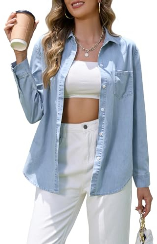 Hersuitful Denim Shirt Women Chambray Western Shirts Casual Long Sleeve Button Down Jean Tops SkyBlue S
