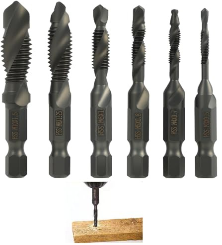 6-teiliges Kombi-Bohrer und Gewindeschneider-Set für präzise Gewinde, inkl. M3, M4, M5, M6, M8 und M10 in Rostschutz-Beschichtung, 6-mm-Sechskantschaft für vielseitige Anwendungen,hss-gewindebohrer