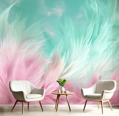Fototapete Feder 3D 250×175cm(W×H),Vögel Textur Tiere Tapete Fototapeten, Schlafzimmer Wohnzimmer, Mintgrün Vlies Tapeten Wandtapete, XL Wandbild Wand Deko