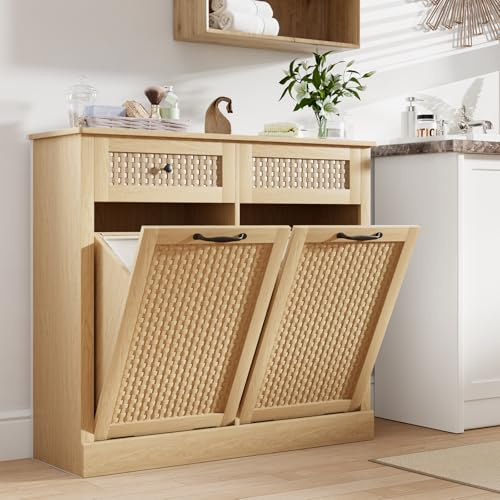 Rymeera Double Tilt Out Laundry Hamper Cabinet, Rattan-Style Laundry Room Organization with Removable Laundry Basket, Hidden Wood Dirty Clothes Hamper with Drawers, 39 L x 13 W x 35.8 H, Wood