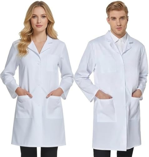 Camice bianco da laboratorio 100% cotone antiacido con bottoni a clip unisex per medico, farmacisti, dentisti, laboratori chimici uomo donna chimica