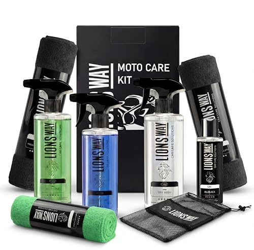 LionsWay: Kit Limpieza Moto 5 en 1 – Dry Wash con Cera Carnauba, All in One Desengrasante, Limpia Cascos, Restaurador Plásticos, Bayeta Microfibra – Cuidado Completo Moto