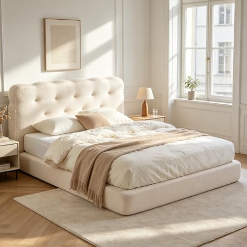 Artswish Polsterbett Doppelbett 160x200 cm, Komplettes Schaumstoff-Bettgestell mit gepolstertem Kopfteil, Keine Montage erforderlich, Modernes und bequemes Doppelbett, Teddystoff, Beige, Ohne Matratze