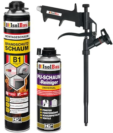 Isolbau - Bauschaum B1 - Montageschaum - PU-Schaum 750 ml - Pistolenschaum, 1 x PU-Schaum-Reiniger & 1 x Schaumpistole - 1K Brandschutzschaum - Dämmschaum - Abdichtung, Wärmedämmung