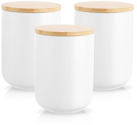 AKOLAFE Juego de 3 botes de cerámica para té, café, azúcar, 800 ml, con tapas de bambú, botes de cocina blancos para café, té, azúcar, especias (4 x 5.7 pulgadas)