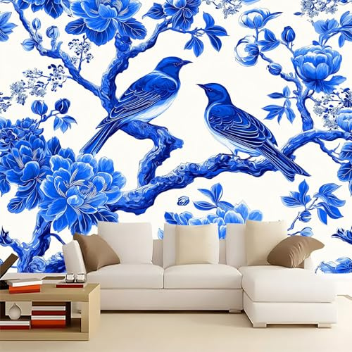 Blu Muralo - Cinese Fiori Uccelli Carta da parati 3D per cameretta dei bambini in tessuto non tessuto, per ragazze e ragazzi decorazione da parete 200 x 140 cm