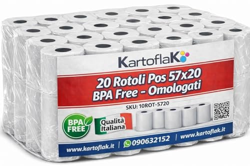 Kartoflak - Rotoli Termici POS 57 mm x 20 metri, Carta Termica BPA Free Omologata, Scontrini per Cassa Fiscale e POS, Qualità Italiana compatibile con Nexi, SamUP, Ditron (20 Rotoli)