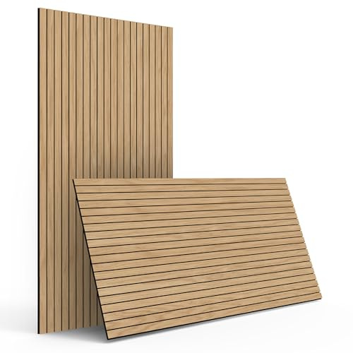4-Pack Acoustic Wood Slat Wall Panels, 60cm x 120cm Peel and Stick Sound Absorbing Panels for Interior Decor, Self-Adhesive Noise Reduction 3D Decorative Wall Paneling, Natural Oak