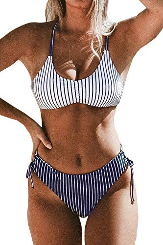 CUPSHE Damen Bikini Set mit geflochtenen Trägern Hinten Gestreifte Bademode Wende-Slip Zweiteiliger Badeanzug Weiß M