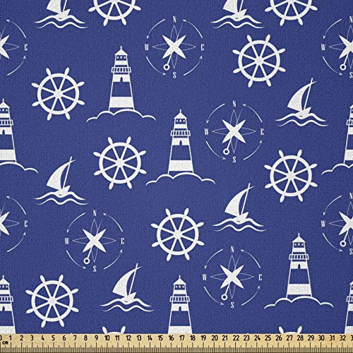 ABAKUHAUS Leuchtturm Stoff als Meterware, Maritime Silhouetten, Microfaser Multi Zweck Dekostoff für Kunsthandwerke, 3M (230x300cm),Violettblau Weiß