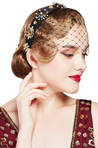 BABEYOND 1920er Jahre Flapper Fascinator Mesh Schleier Stirnband Braut Hochzeit Tee Party Fascinator Schleier für Frauen, Schwarz, 1 Count (Pack of 1)
