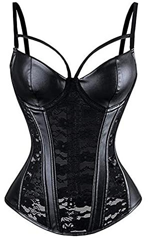 Woboren Corsé Cuero Bustier con Liguero para Mujer Conjuntos de Lencería Corpiños de Encaje Negro (Negro, XL)
