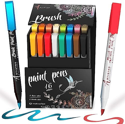 Artistro 16 Brush Pen, Acryl Pinselstifte Set, Brushpen mit 8 Metallic & 8 Grundfarben, für Stein-Malerei, Kalligraphie, Scrapbooking, Kartenherstellung, Skizzieren, Schwarzes Papier, DIY-Fotoalbum