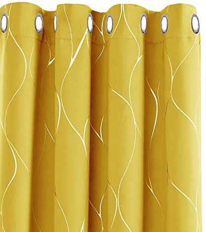 Deconovo Window Treatment Eyelet Room Darkening Curtains, Silver Wave Line Foil Printed Blackout Curtains for Living room, 46 x 90 Inch(Width x Length), Mellow Yellow, 2 panels