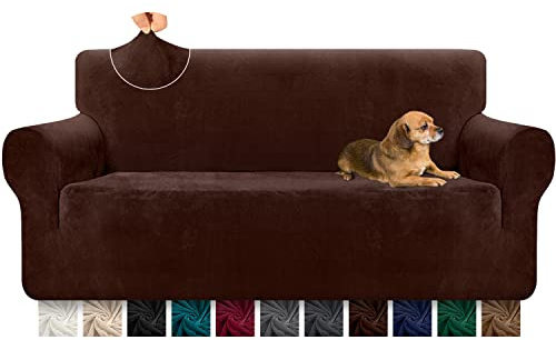 Granbest Super weiche Samt Sofabezug 3 Sitzer 1 Stück stilvolle Luxus Plüsch Sofabezug mit Schaumstoffstäben Spandex verdickt Möbelschutz Couchbezug (3 Sitzer,Schokolade)