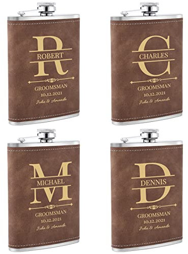 Wedding Hip flasks for Men Set of 4, Groomsmen Hip Flasks Personalised, Custom Engraved Liquor Whiskey 304 Steel Stainless Flask for Best Man Groom Father of Bride, Brown