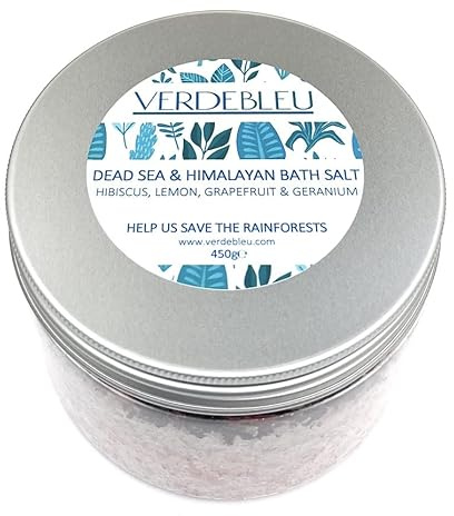 100% Natural SAL DE BAÑO DEL HIMALAYA Y DEL MAR MUERTO - HIBISCO, CÍTRICOS Y GERANIO - 450g de VERDEBLEU Con Aceites Hidratantes. Donamos el 5% de Ganancias para Ayudar a Salvar las Selvas Tropicales.
