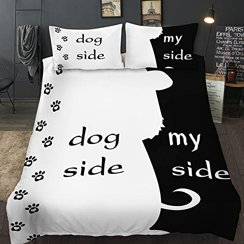 AOXHFNV Set di biancheria da letto della serie Black & White, motivo cane lato e My side, set di biancheria da letto per letto matrimoniale (200 x 200 cm, lato cane)