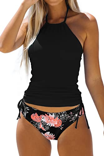 Beachsissi Damen Zweiteiler Badeanzüge Gepolsterter Kordelzug Seitliche Bademode Neckholder Leopard Print Tankini Sets, Blumen, S