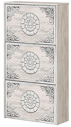 JUANIO Mueble Zapatero con 3 Solapas Color Roble Gris Blanqueado/impresión Digital Mandala - A113 x Longitud 60 x P22 cm