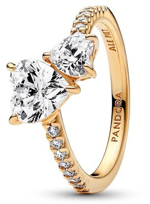 PANDORA Timeless Anello con doppio cuore scintillante placcato in oro 14 k con zirconia cubica trasparente, 50