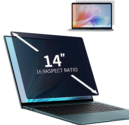 DEJIMAX Filtre de confidentialité pour Ordinateur Portable de 14 Pouces au Format 16:9, Anti lumière Bleue et Anti-éblouissement, Fixation Rapide, Film de Protection pour Ordinateur Portable